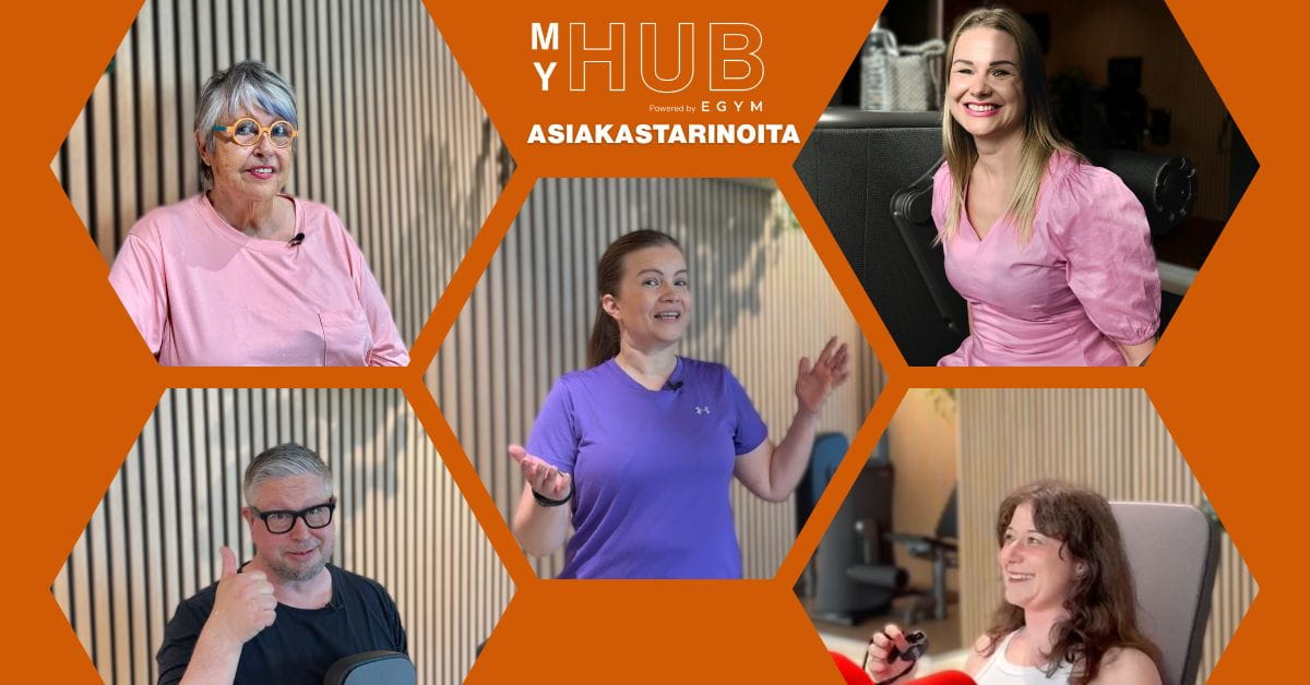 Kuvassa viisi eri henkilöä, jotka ovat testanneet MyHubia. Kuvassa on neljä naista ja yksi mies. 